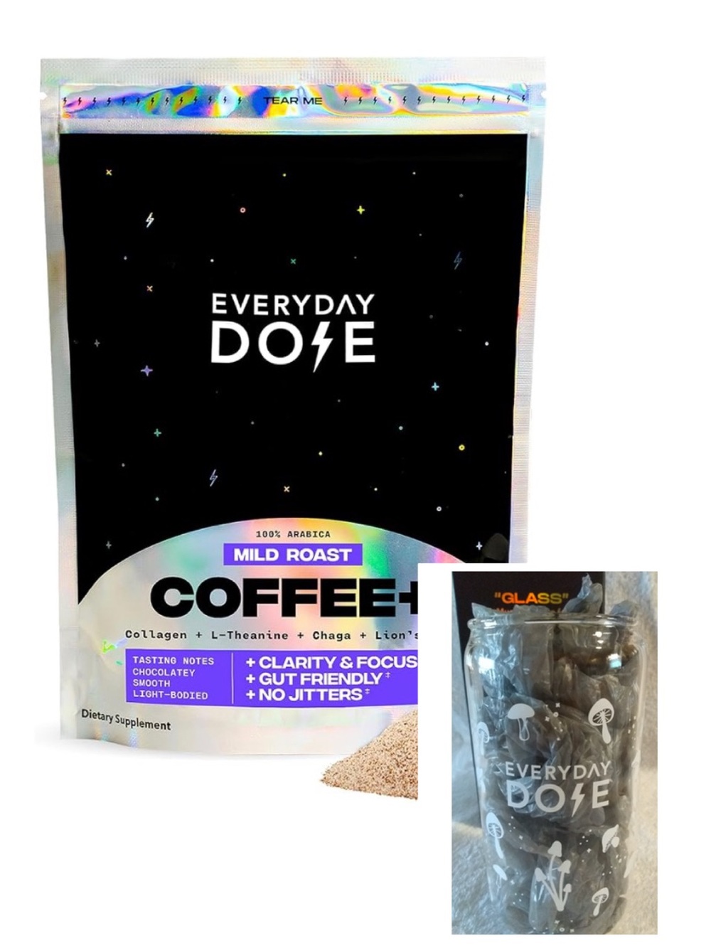 NEW Everyday Dose Mild Roast Coffee + Collagen AND Glass Mushroom Cup